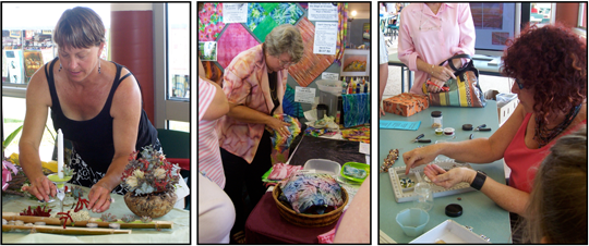 Free Demonstrations of floral artistry, mosaics, cake decorating, beading, dyeing fabrics and scrapbooking